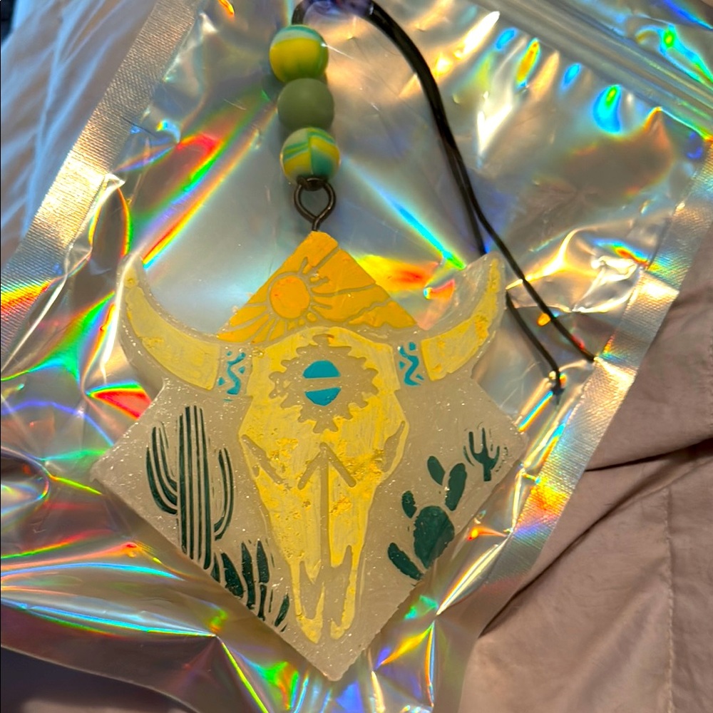 Colorful Bull Skull Car Freshie. Peach Bellini scented.